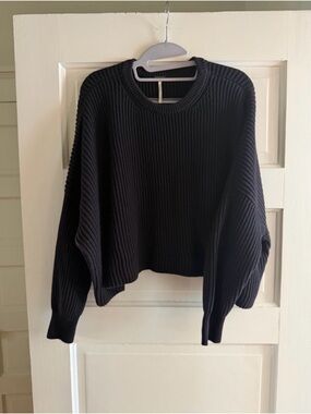 Free People Black Ribbed Fisherman Crew Sweater - Boxy XS